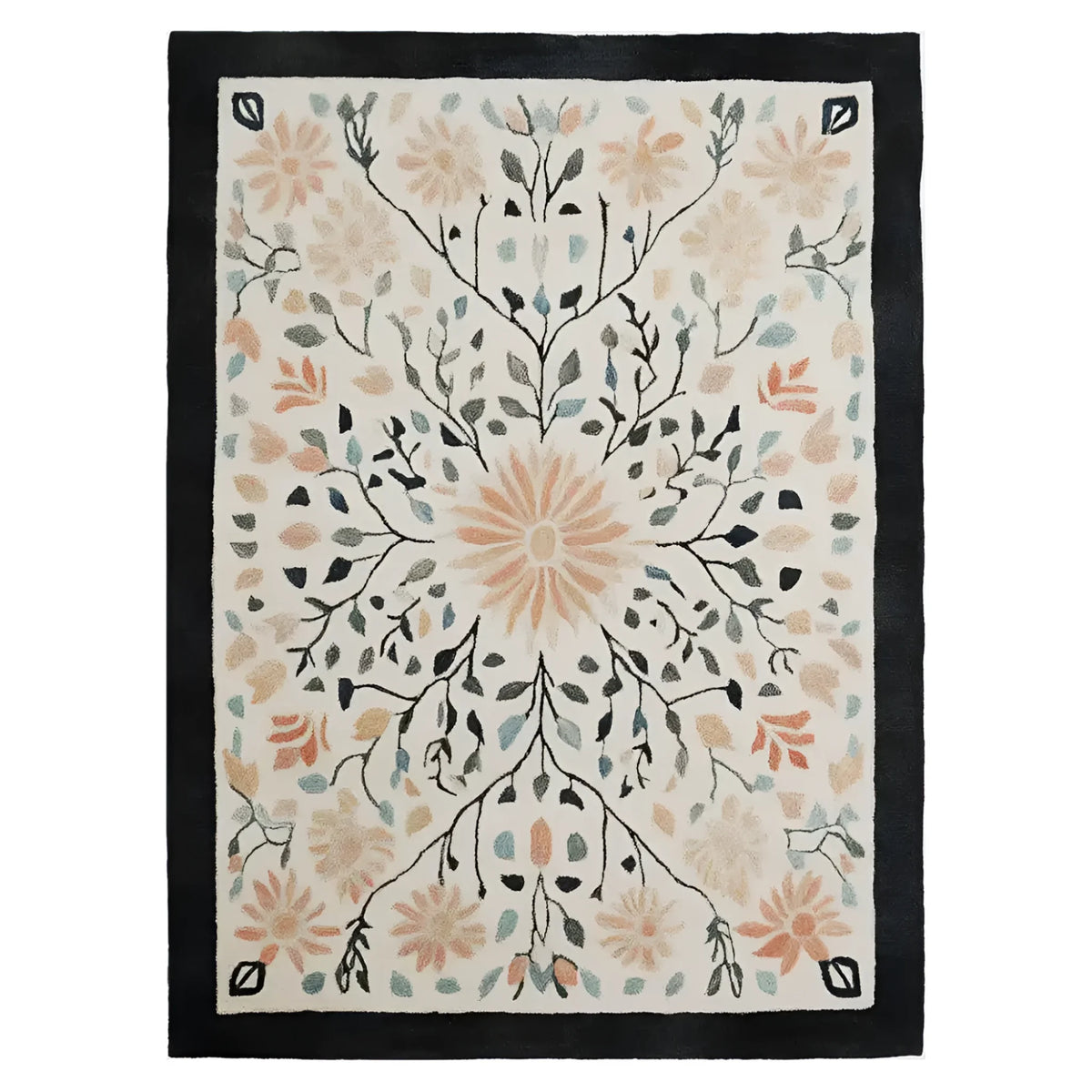 Sunlit Garden Hand Tufted Wool Rug featuring a beautiful floral design. This elegant area rug showcases a central sunburst pattern with delicate branches and leaves in soft pastel shades, framed by a bold black border. Ideal for adding a touch of nature-inspired charm to living room area rugs collections.