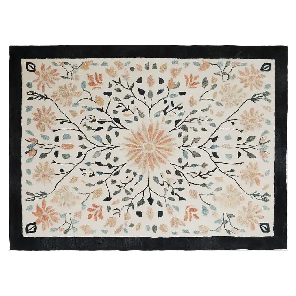 Sunlit Garden Hand Tufted Wool Rug featuring a vibrant floral design with branches and leaves. This elegant area rug is perfect for adding a touch of nature to your living room. The intricate pattern and warm colors make it an ideal choice for those seeking a high-quality wool rug.