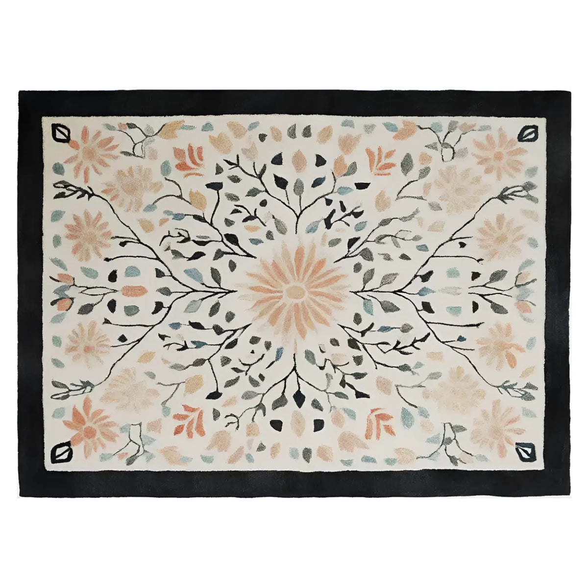 Sunlit Garden Hand Tufted Wool Rug featuring a vibrant floral design with branches and leaves. This elegant area rug is perfect for adding a touch of nature to your living room. The intricate pattern and warm colors make it an ideal choice for those seeking a high-quality wool rug.
