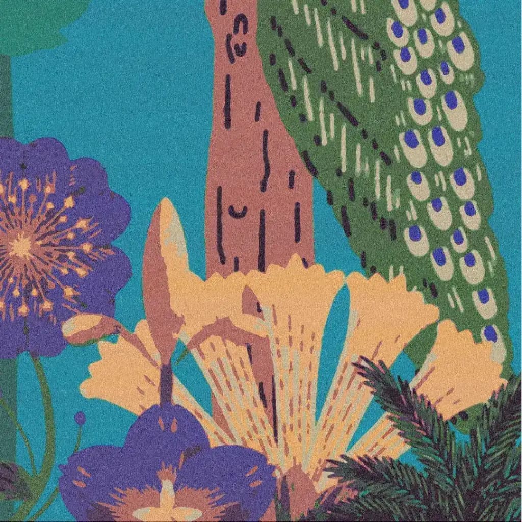 A vibrant hand-tufted wool area rug featuring a lush jungle scene with detailed peacock feathers, abstract florals, and rich green foliage. Perfect for adding a splash of color to large living rooms or dining spaces, this rug brings a touch of nature indoors.