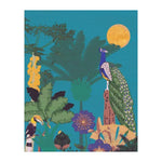 The Sunlit Jungle Symphony Peacock Hand Tufted Rug in blue showcases a vibrant peacock perched amidst lush jungle foliage and bright flowers. This wool rug adds a touch of elegance and color, perfect for large living rooms or dining room spaces, enhancing any living room area with its exotic design.