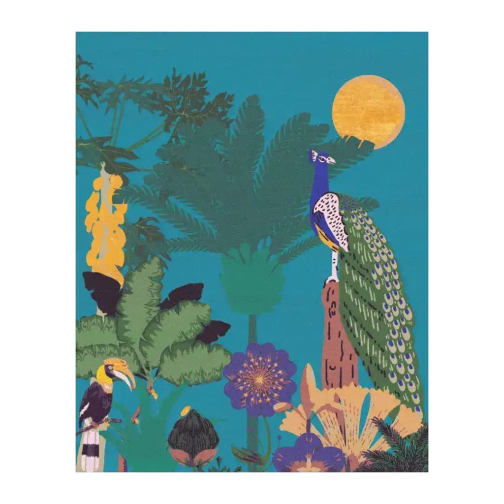 The Sunlit Jungle Symphony Peacock Hand Tufted Rug in blue showcases a vibrant peacock perched amidst lush jungle foliage and bright flowers. This wool rug adds a touch of elegance and color, perfect for large living rooms or dining room spaces, enhancing any living room area with its exotic design.
