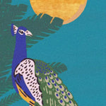 Close-up view of the Sunlit Jungle Symphony Peacock Hand Tufted Rug in blue, showcasing a vibrant peacock design with lush foliage, perfect for adding a touch of elegance to large living room rugs, dining rooms, and cozy living room spaces. This wool rug offers a stylish and artistic addition to your living room area rugs.