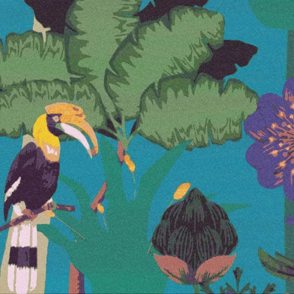 Vibrant Sunlit Jungle Symphony Peacock Hand Tufted Rug in a lively blue tone, featuring a bold and intricate design with a hornbill bird and lush tropical foliage. This wool area rug is perfect for large living room spaces or dining rooms, adding an exotic touch to your decor.