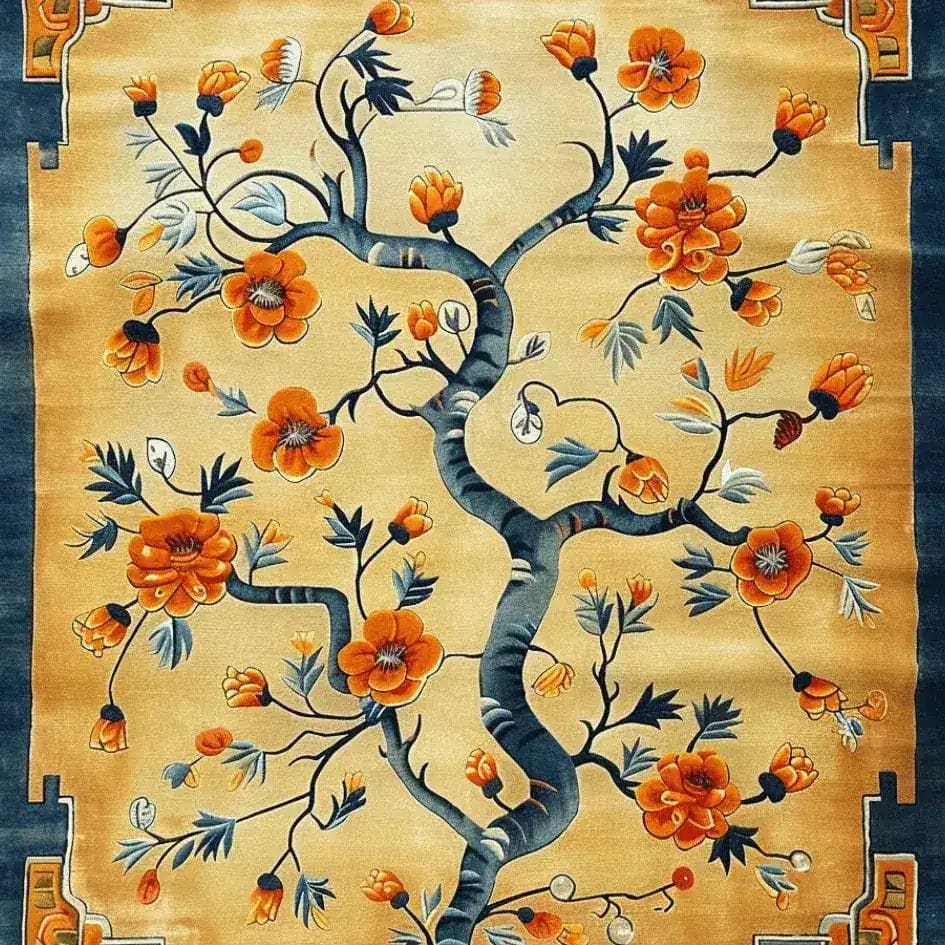 The Sunlit Sakura Hand Tufted Rug features a vibrant floral design with orange blossoms and elegant branches on a soft backdrop. This wool area rug is perfect for adding a touch of nature to your living room or dining room, ideal under a dining table.