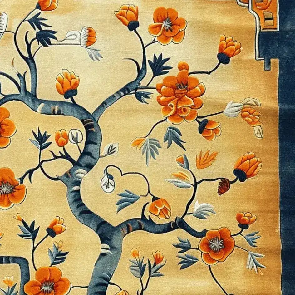 Close-up view of the Sunlit Sakura Hand Tufted Rug, an exquisite area rug perfect for living room and dining room spaces. This floral wool rug features vibrant orange blossoms on a soft, warm background, bringing elegance and style to any dining room or under a dining table.