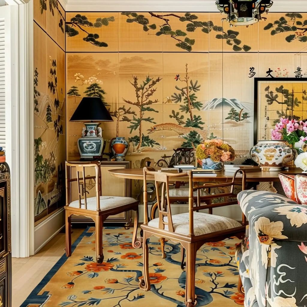 A beautifully designed living room showcases a Sunlit Sakura Hand Tufted Rug, perfectly complementing the elegant dining area. This wool floral rug features intricate sakura patterns, making it an ideal area rug for both the dining room and living room. The warm colors and floral motifs add a touch of sophistication to the dining table setting, creating a cozy and inviting atmosphere.