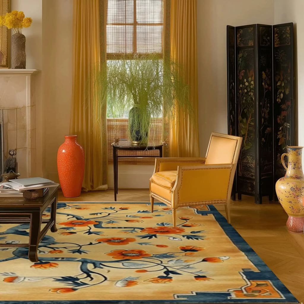 The Sunlit Sakura Hand Tufted Area Rug graces a cozy living room, featuring vibrant floral patterns that add elegance to the space. Perfect for living room and dining room settings, this wool rug complements the warm tones of the decor, making it an ideal dining table rug with its artistic design.