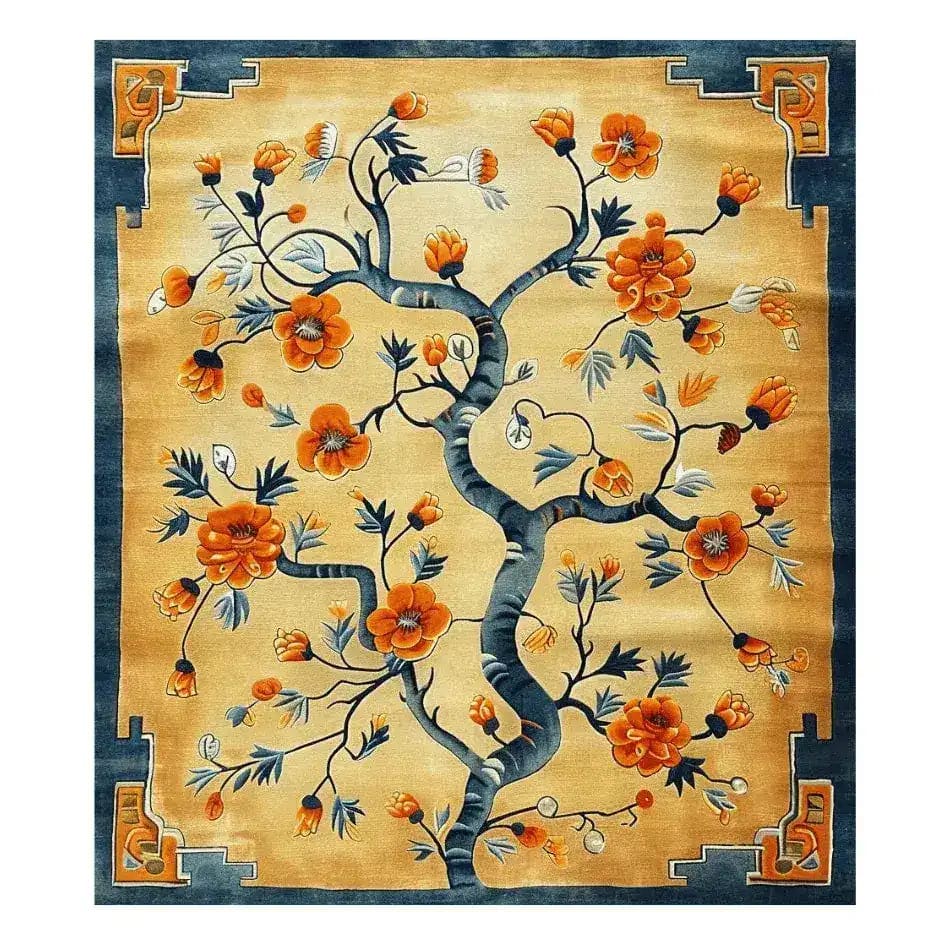This beautiful Sunlit Sakura Hand Tufted Area Rug showcases a vibrant floral design with orange blossoms and intricate branches, perfect for adding elegance to living room and dining room spaces. This wool rug is a stunning dining table rug option with its rich colors and detailed patterns, ideal for creating a warm and inviting dining room ambiance.