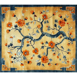 A beautifully designed Sunlit Sakura hand-tufted area rug featuring vibrant orange and blue floral patterns. Perfect for adding elegance to any living room or dining room, this wool rug serves as an exquisite dining table rug. Its intricate floral design brings a touch of nature into your dining room, making it a standout floral rug choice.