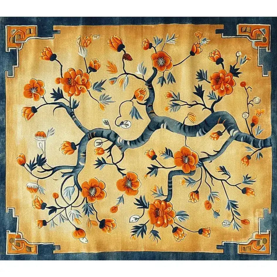A beautifully designed Sunlit Sakura hand-tufted area rug featuring vibrant orange and blue floral patterns. Perfect for adding elegance to any living room or dining room, this wool rug serves as an exquisite dining table rug. Its intricate floral design brings a touch of nature into your dining room, making it a standout floral rug choice.