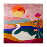 Sunlit Swan Waves Wool Hand Knotted Area Rug featuring a vibrant abstract design with a swan gliding through colorful waves under a radiant sun, perfect for adding a splash of color to your dining room or living room. This square wool rug, ideal as a dining table rug or a centerpiece among living room rugs 8x10, showcases intricate craftsmanship and a lively palette.