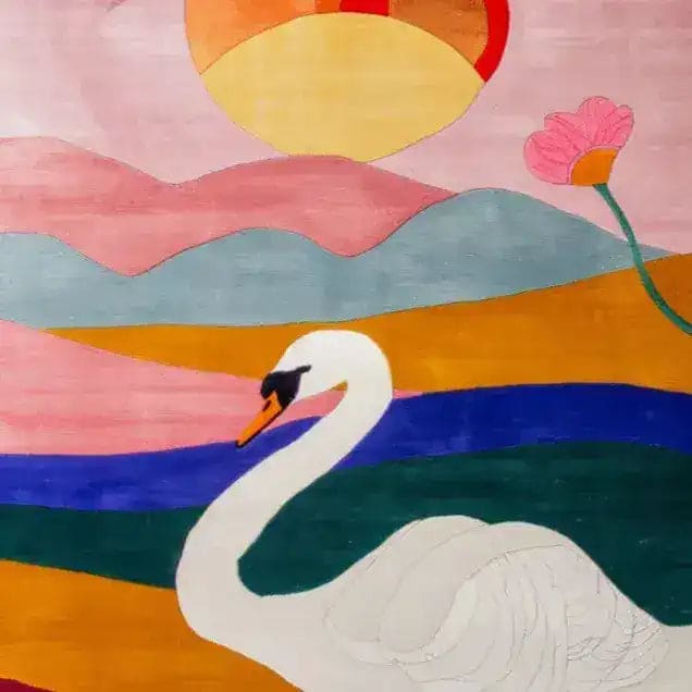 Vibrant Sunlit Swan Waves Wool Hand Knotted Area Rug featuring a serene swan swimming against a colorful abstract backdrop of sun and waves. Perfect as a dining table rug or a centerpiece in the dining room or living room, this square wool rug adds a touch of elegance to any space. Ideal for those seeking living room rugs 8x10 or a unique square area rug.