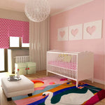 A vibrant and colorful wool area rug featuring a sunlit swan design, perfect for a playful touch in a nursery or kids' room. The room has pink walls, a white crib, and a cozy ottoman, creating a cheerful and inviting atmosphere. Ideal as a square area rug for living rooms or dining rooms, adding a pop of color and warmth.