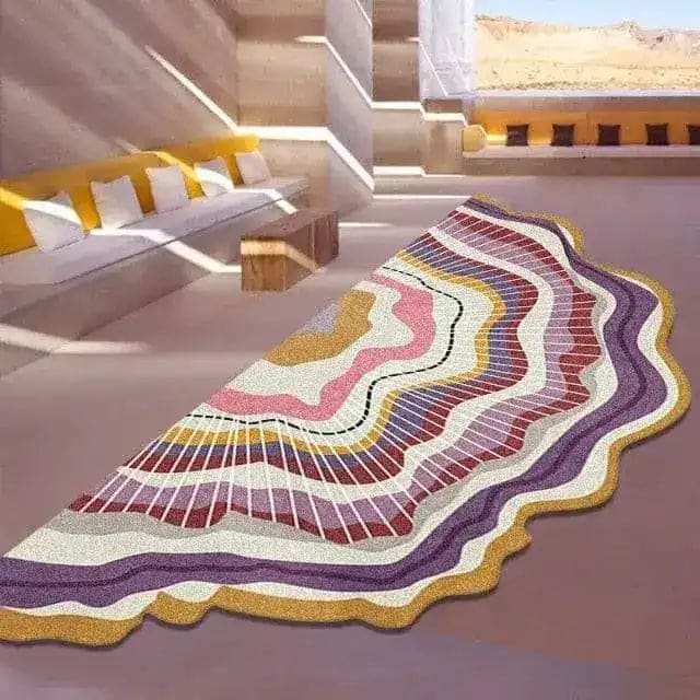 A stylish area rug with a sunny abstract design decorates a modern living room. The rug features vibrant colors in a wave-like pattern, perfect for large living rooms. Ideal as an 8x10 living room rug, the eye-catching piece adds a touch of elegance and warmth to the space.