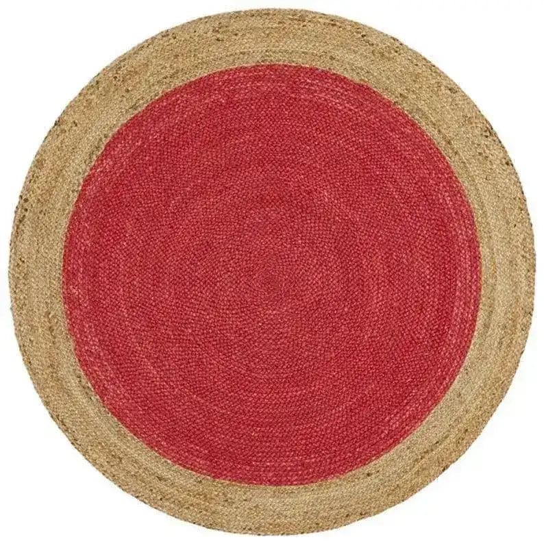 Top view of a Sunny Round Jute Rug, featuring a natural jute border and a vibrant red center. Ideal for adding a touch of elegance to a dining room, this area rug combines durability and style, making it a perfect choice for formal dining room settings.