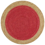 Top view of a Sunny Round Jute Rug, featuring a natural jute border and a vibrant red center. Ideal for adding a touch of elegance to a dining room, this area rug combines durability and style, making it a perfect choice for formal dining room settings.
