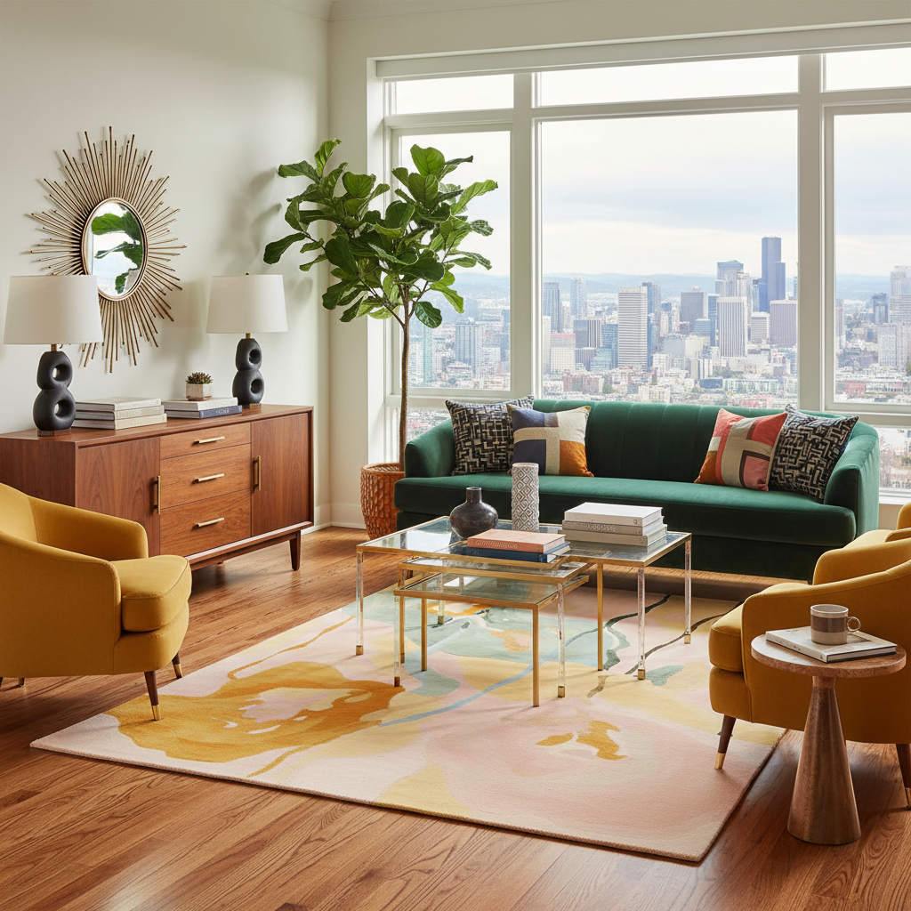 Modern living room with green sofa, a contemporary wool rug, yellow armchair, and city view