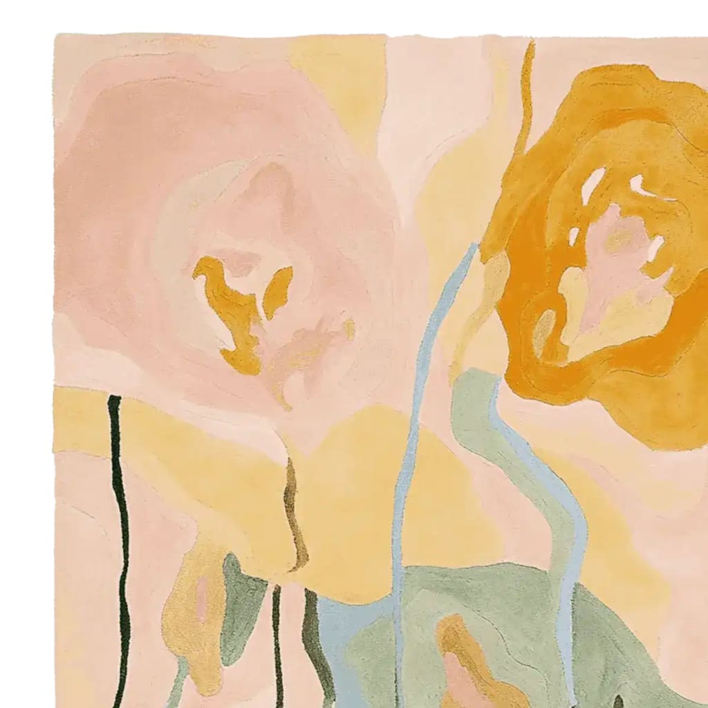A vibrant Sunrise Floral Orchid Bloom hand-tufted area rug showcasing an abstract design with soft pastel colors, perfect as a contemporary rug for living room spaces. This wool rug in 8x10 size features artistic floral patterns, adding elegance and warmth to any decor.