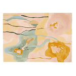 A contemporary area rug showcasing an abstract floral design in soft pastels with overlapping hues of green, yellow, and peach. This wool rug is perfect for adding a touch of elegance to your living room. Ideal for those seeking an 8x10 rug with a modern touch.