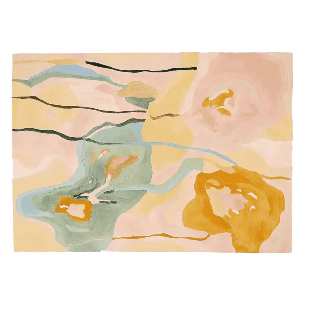 A contemporary area rug showcasing an abstract floral design in soft pastels with overlapping hues of green, yellow, and peach. This wool rug is perfect for adding a touch of elegance to your living room. Ideal for those seeking an 8x10 rug with a modern touch.