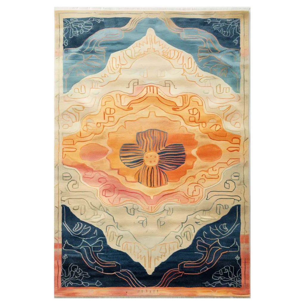 The Sunrise Mirage Hand Tufted Wool Rug features an abstract design with vibrant shades of orange, blue, and beige. Ideal for adding a touch of elegance to your living room, this 8x10 area rug showcases intricate patterns reminiscent of a sunrise, perfect for those seeking stylish wool rugs for their home.