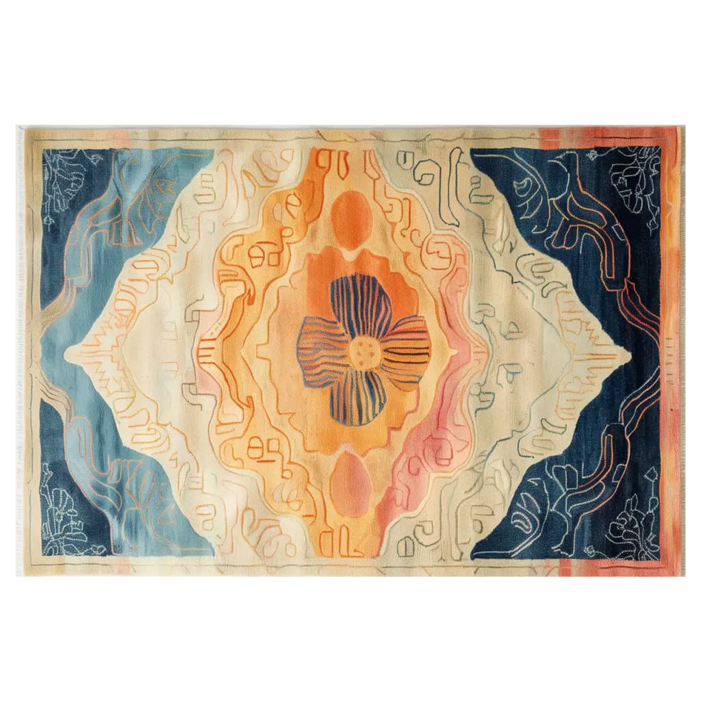 This vibrant Sunrise Mirage Hand Tufted Wool Rug features an abstract design with rich hues of orange, blue, and cream. Perfect for adding a touch of elegance to your living room, this area rug is available in an 8x10 size. A stylish choice for those seeking high-quality wool rugs for their home.