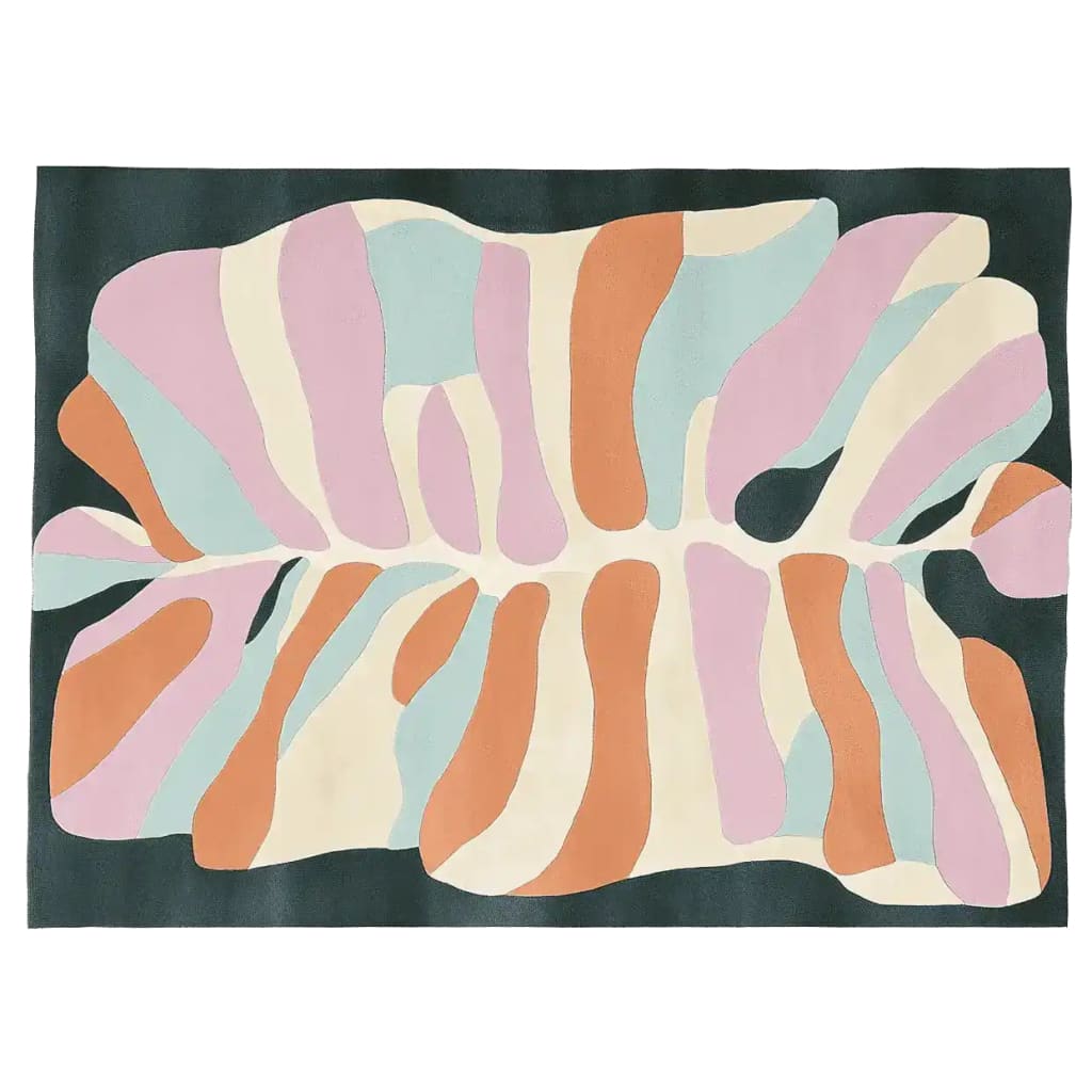 A vibrant, abstract area rug with a contemporary design featuring bold pastel colors like orange, pink, and blue. This wool rug is perfect for adding a pop of color to large living room spaces.
