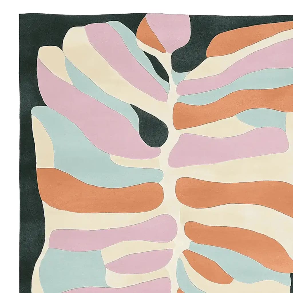 Vibrant and stylish area rug with an abstract design in pastel shades of pink, orange, and blue, ideal for large living rooms. This contemporary wool rug showcases a harmonious blend of colors, perfect for adding a modern touch to your home decor.