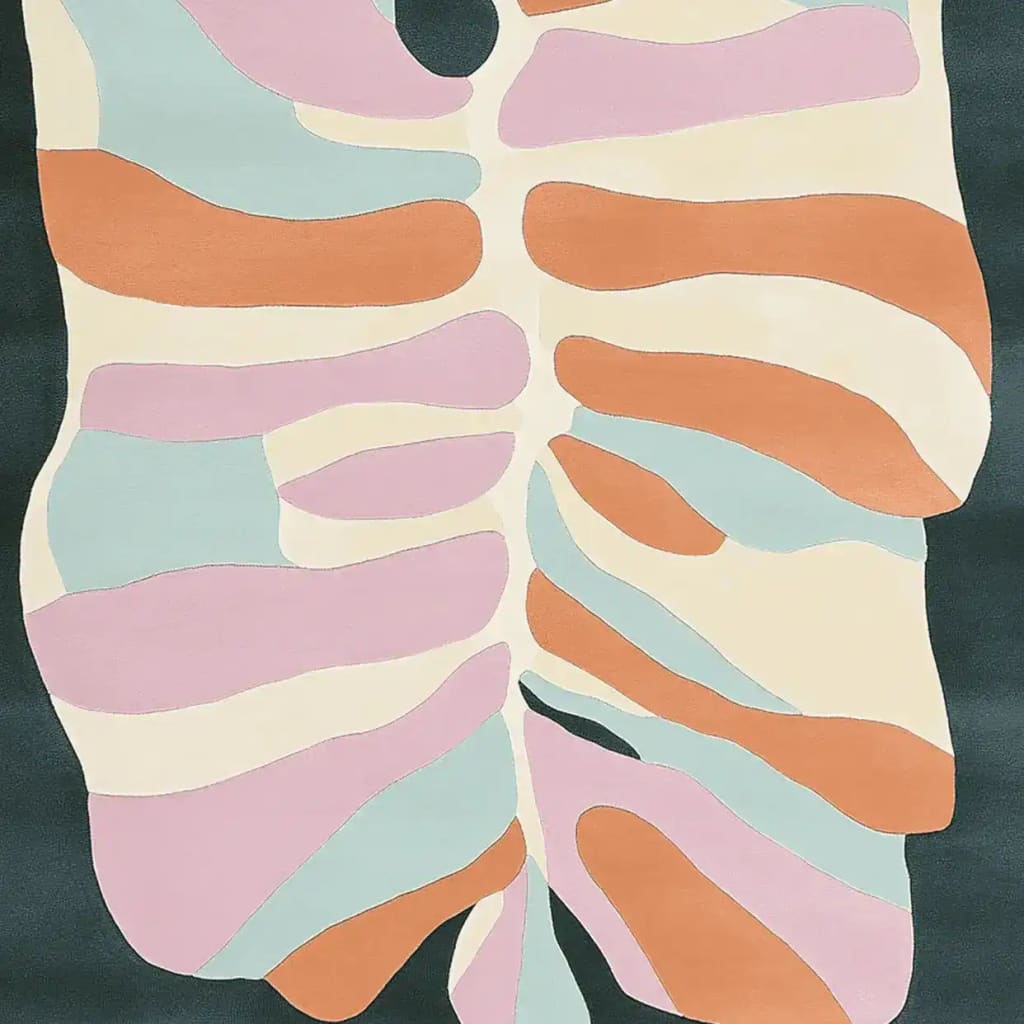Vibrant hand-tufted area rug featuring an abstract leaf pattern in shades of pink, orange, and blue on a dark background, perfect for adding a contemporary touch to large living rooms. Crafted from soft wool, this contemporary rug combines style and comfort.
