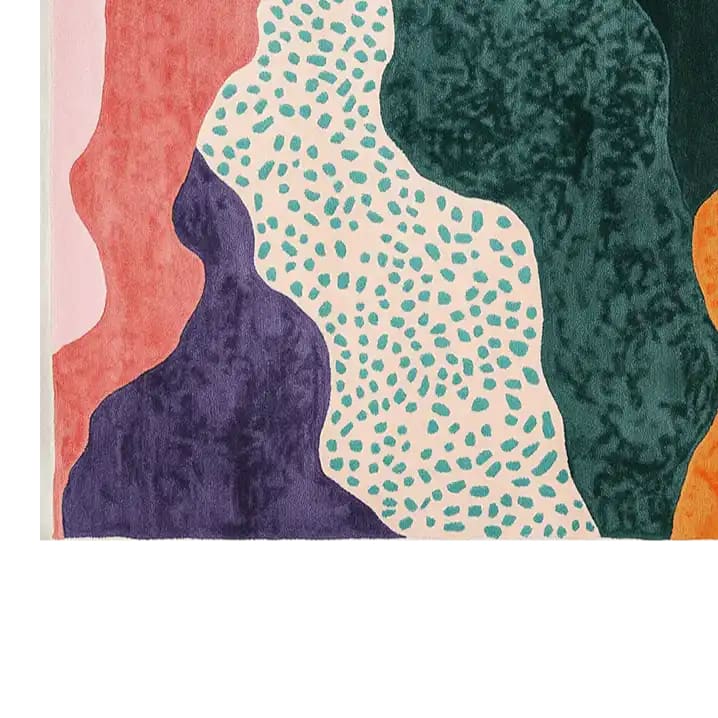 Vibrant abstract design of the Sunset Cascade Realm hand-tufted wool area rug, showcasing colorful patterns in shades of pink, purple, green, and orange. Perfect for large living room spaces, this contemporary rug adds a bold statement to any decor.