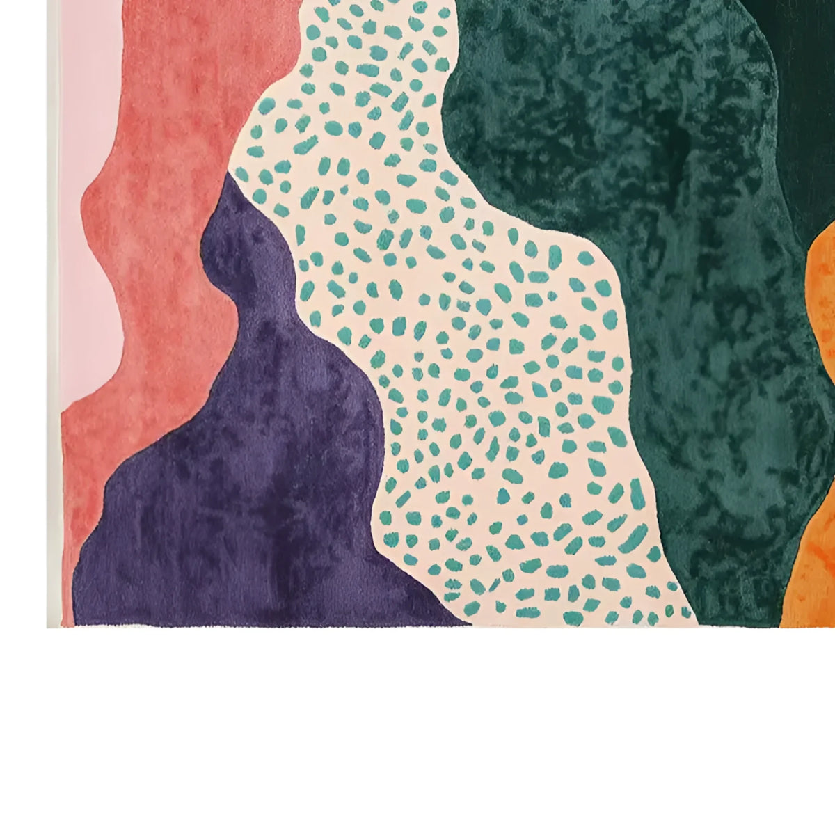 Vibrant abstract design of the Sunset Cascade Realm hand-tufted wool area rug, showcasing colorful patterns in shades of pink, purple, green, and orange. Perfect for large living room spaces, this contemporary rug adds a bold statement to any decor.