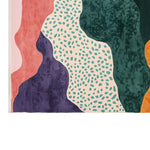 Vibrant abstract design of the Sunset Cascade Realm hand-tufted wool area rug, showcasing colorful patterns in shades of pink, purple, green, and orange. Perfect for large living room spaces, this contemporary rug adds a bold statement to any decor.