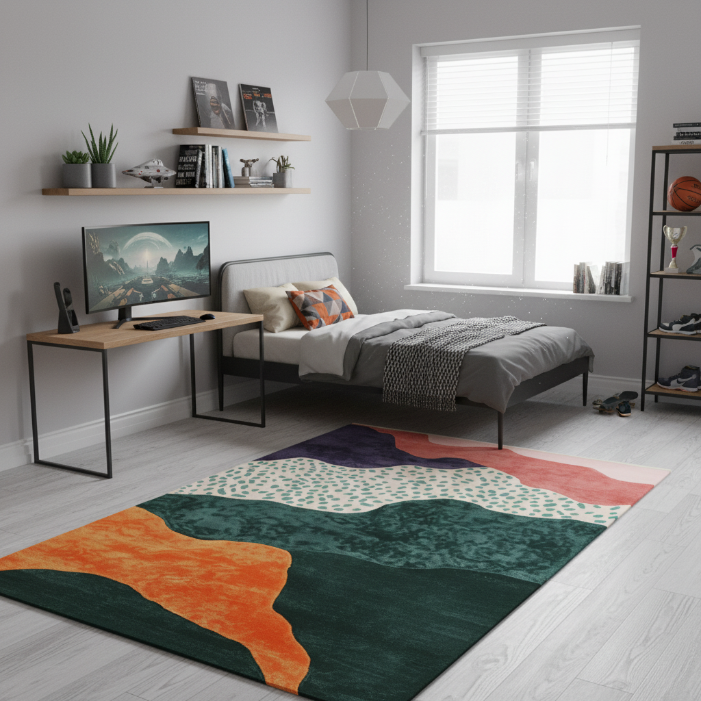 Modern bedroom with a colorful rug, bed, desk, and shelves.