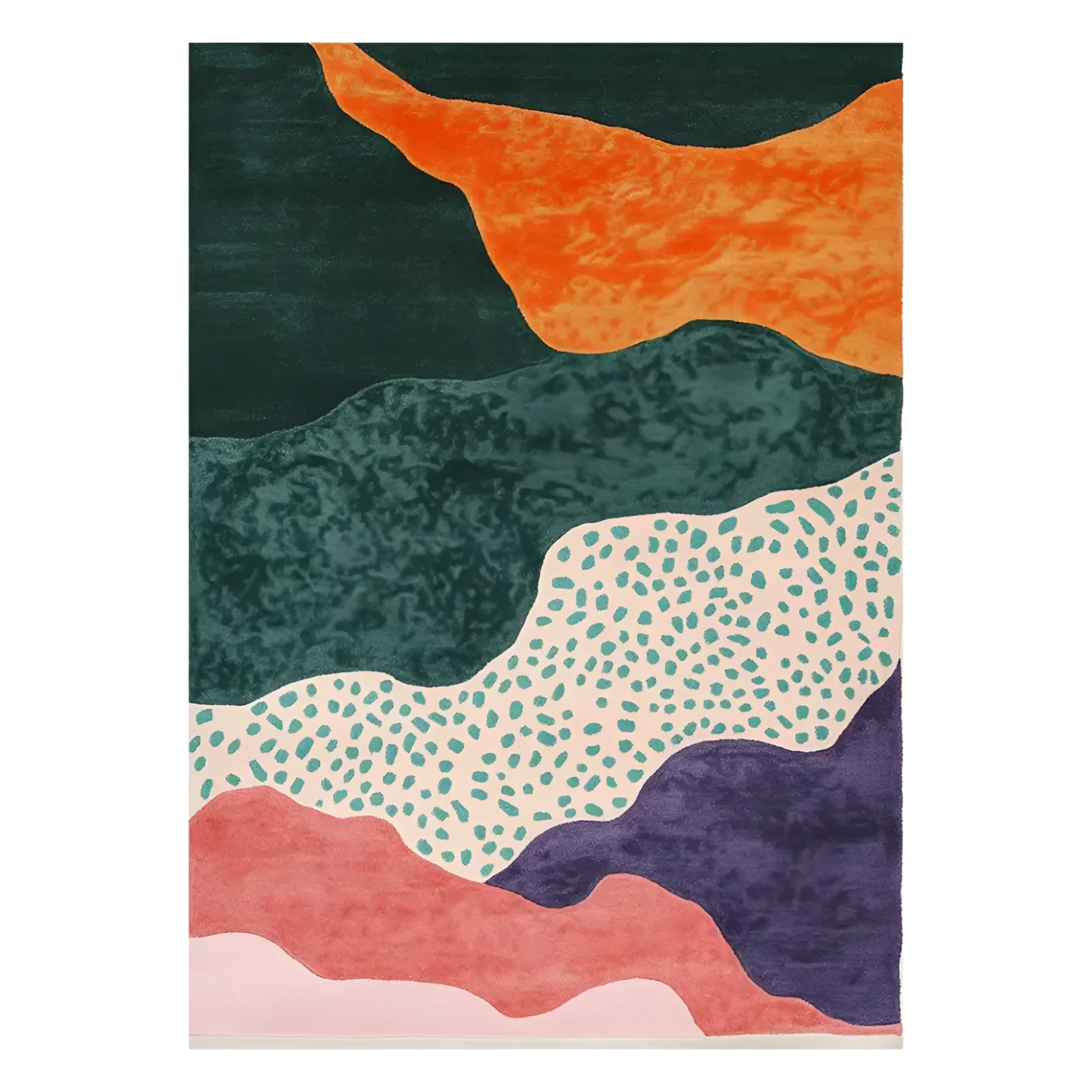 The Sunset Cascade Realm Hand Tufted Wool Rug, a vibrant area rug featuring an abstract design with flowing waves of orange, green, and purple shades. Perfect for enhancing any living room area with its contemporary charm, this large wool rug adds a touch of artistic flair, making it ideal for modern decor.