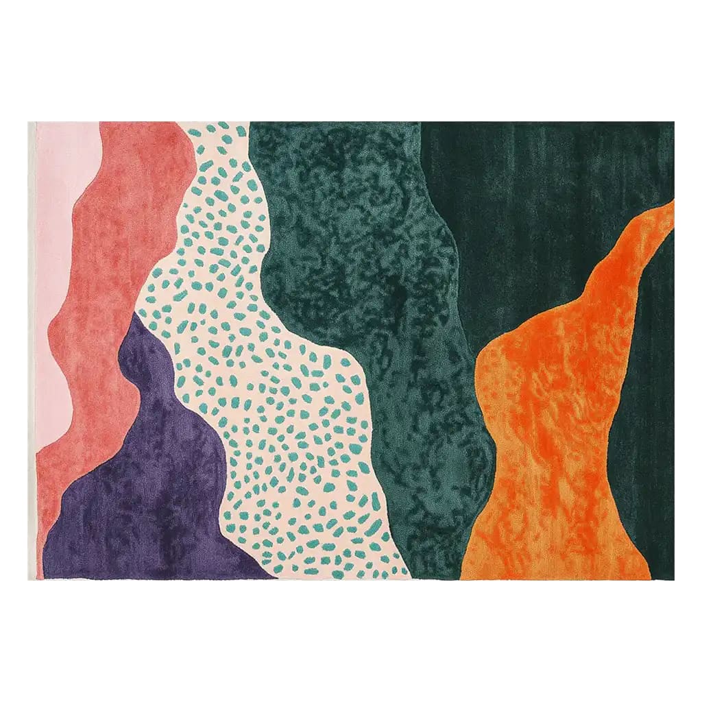 A vibrant and contemporary wool area rug featuring an abstract design with flowing curves in rich colors like orange, green, pink, and purple. Perfect for adding a modern touch to large living room spaces, this hand-tufted rug combines style and comfort.