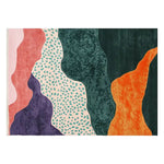 A vibrant and contemporary wool area rug featuring an abstract design with flowing curves in rich colors like orange, green, pink, and purple. Perfect for adding a modern touch to large living room spaces, this hand-tufted rug combines style and comfort.