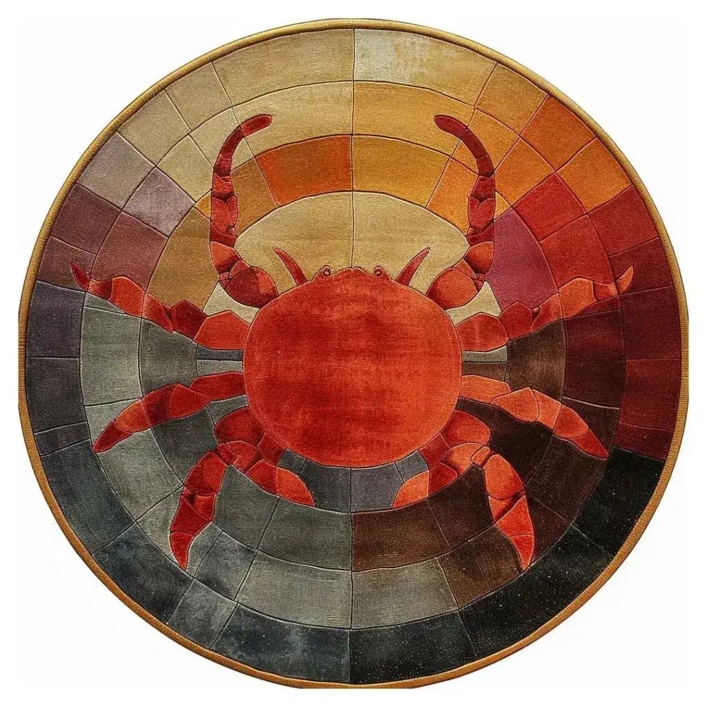 A vibrant hand-tufted round area rug featuring a striking red crab design set against a multicolored sunset background. Perfect for adding a touch of whimsy to large living rooms, this wool rug combines artistry and function, ideal for those seeking unique large area rugs or distinctive rugs for the living room.