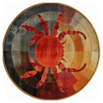 Vibrant and artistic round area rug featuring a striking crab design, perfect for adding a bold touch to large living rooms. This hand-tufted wool rug showcases a rich palette of reds, oranges, and browns, ideal for those seeking unique large area rugs for their living room.