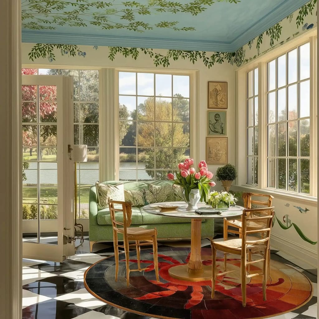 A beautifully decorated living room featuring a Sunset Crab Hand Tufted Round Rug as a centerpiece. This large area rug, crafted from quality wool, adds warmth and style to the space. The elegant round rug enhances the cozy ambiance, making it a perfect choice for large living room rugs and a stylish addition to any living room setting.