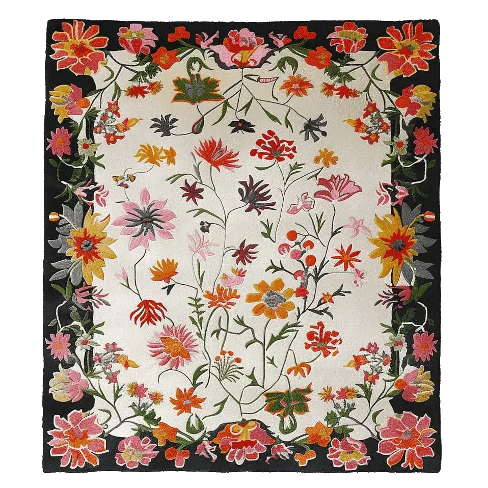 Vibrant floral area rug with a hand-tufted design, featuring a variety of colorful flowers on a contrasting dark border. Perfect for adding a touch of nature to large living rooms, this wool rug combines style and comfort, making it an ideal choice for those seeking elegant rugs for living room spaces.