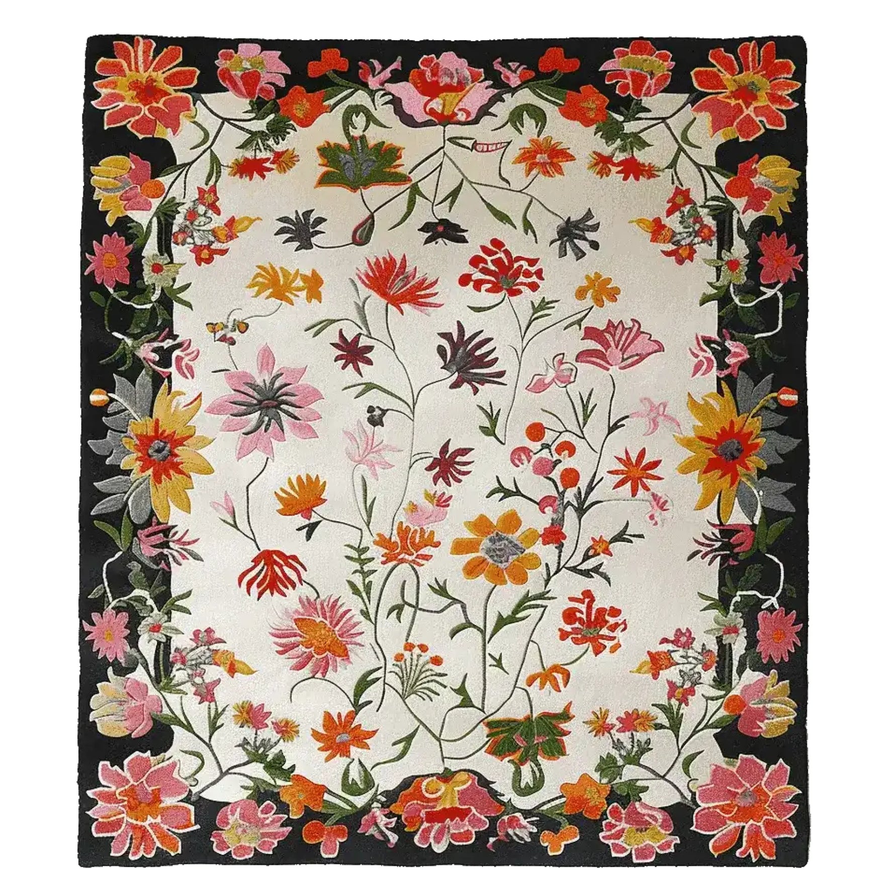 Vibrant floral area rug with a hand-tufted design, featuring a variety of colorful flowers on a contrasting dark border. Perfect for adding a touch of nature to large living rooms, this wool rug combines style and comfort, making it an ideal choice for those seeking elegant rugs for living room spaces.