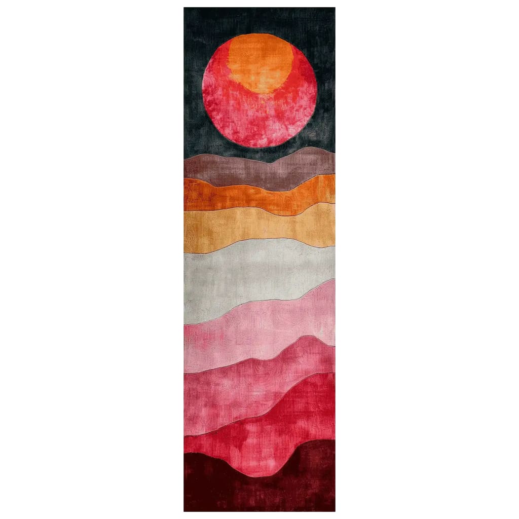 Sunset Horizon Layers Hand Tufted Runner Rug showcasing vibrant horizontal stripes in shades of red, orange, and pink, resembling a sunset. Perfect for kitchen rugs, bathroom runner rug, hallway runner rug, and as a contemporary wool rug.