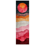 Sunset Horizon Layers Hand Tufted Runner Rug showcasing vibrant horizontal stripes in shades of red, orange, and pink, resembling a sunset. Perfect for kitchen rugs, bathroom runner rug, hallway runner rug, and as a contemporary wool rug.