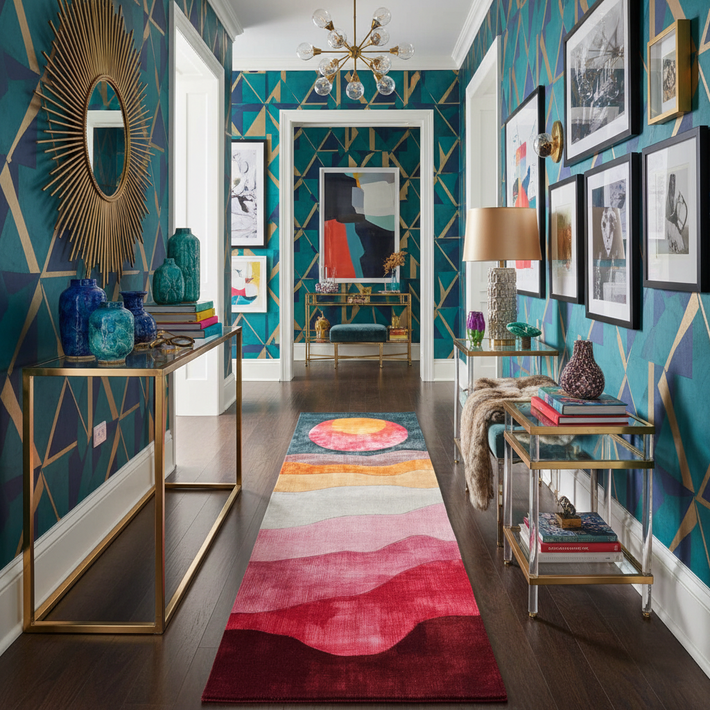 Colorful hallway with geometric patterns, a rug, and decorative items.
