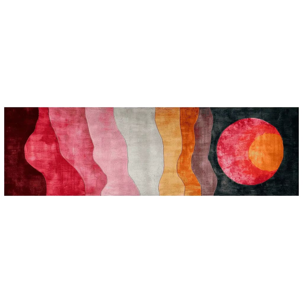 The Sunset Horizon Layers Hand Tufted Runner Rug features a stunning abstract design with warm sunset hues. Ideal for hallways, kitchens, or bathrooms, this contemporary wool rug adds a vibrant touch to any space.