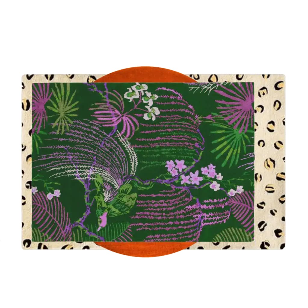 Top view of the 'Sunset in the Jungle' hand tufted wool rug, showcasing vibrant green and purple floral patterns, ideal for dining rooms and bedrooms as an area rug or formal dining room carpet.