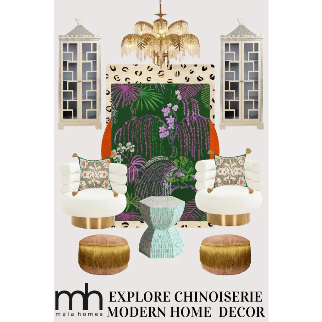 A vibrant wool area rug with lush jungle motifs in green and purple, perfect for dining rooms and bedrooms. The rug adds a touch of exotic elegance to formal dining room settings, surrounded by stylish furniture and decor.