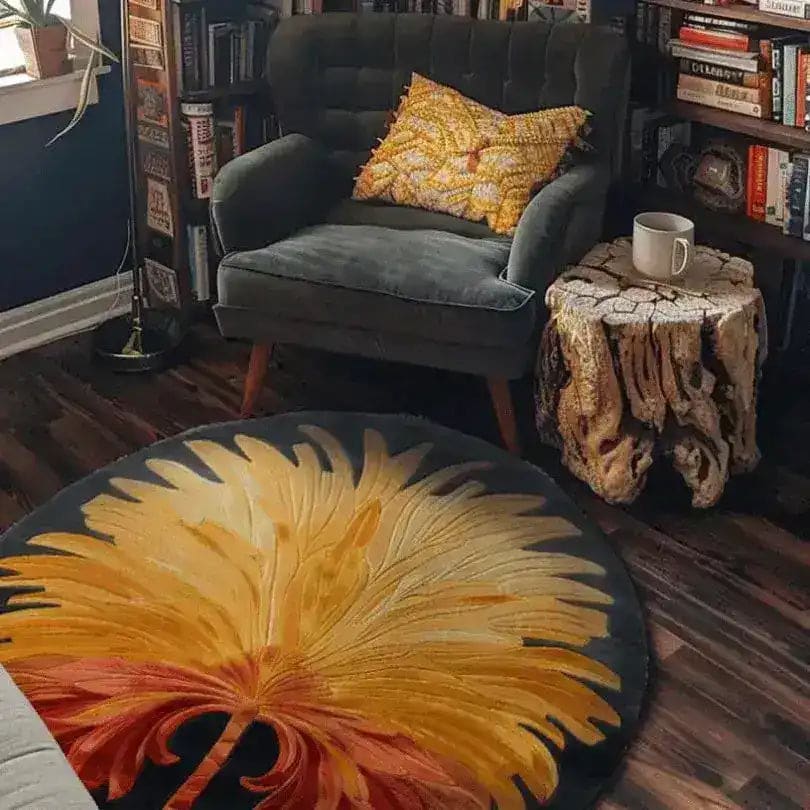 A cozy living room featuring a Sunset Palm Hand Tufted Round Rug with vibrant yellow and orange hues, perfect for adding warmth to any dining room or living space. The wool rug's abstract design complements the dark armchair and rustic wooden side table, creating a harmonious blend of style and comfort.