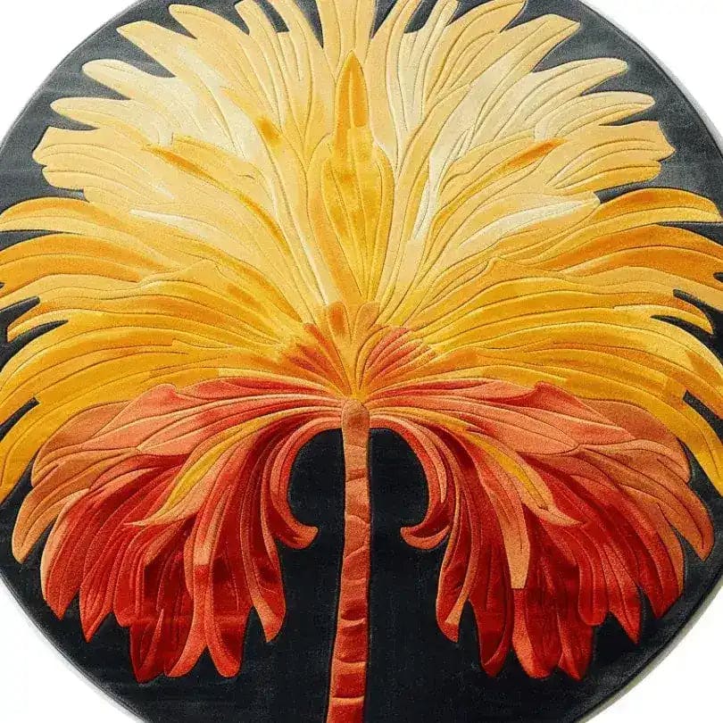 Stunning round area rug with a vibrant palm design, featuring warm sunset hues of yellow, orange, and red, perfect for adding a bold statement to your dining room or living room. This wool rug offers both comfort and an artistic touch, making it an ideal choice for dining room carpets or living room area rugs.